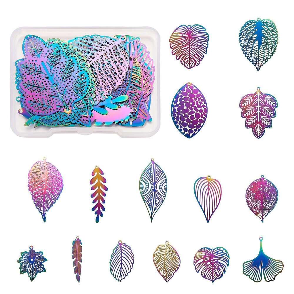 6952 30pcs Rainbow Steel Filigree Leaf Pendants Hollow Etched Tree Branch